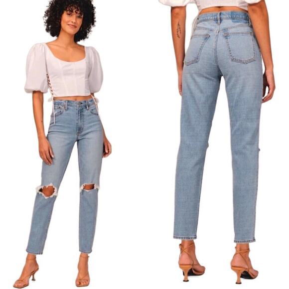Abercrombie & Fitch Curve Love The Mom High Rise Light Wash Blue Denim Jeans 4R - Picture 1 of 9